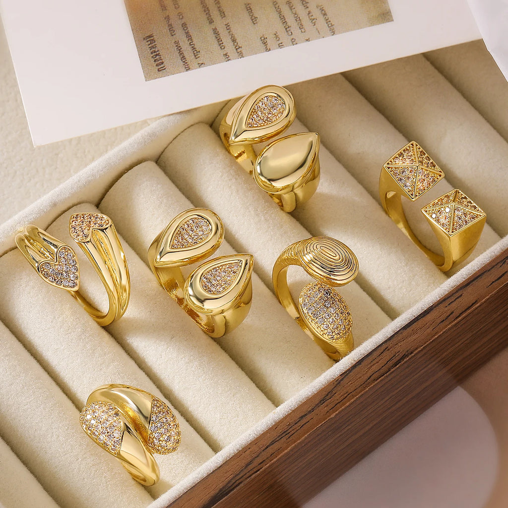 NEWBUY Anillos Abiertos de Diseño Único de Cobre con Incrustaciones de Circonita AAA de Alta Calidad para Mujer Elegante, Talla Ajustable