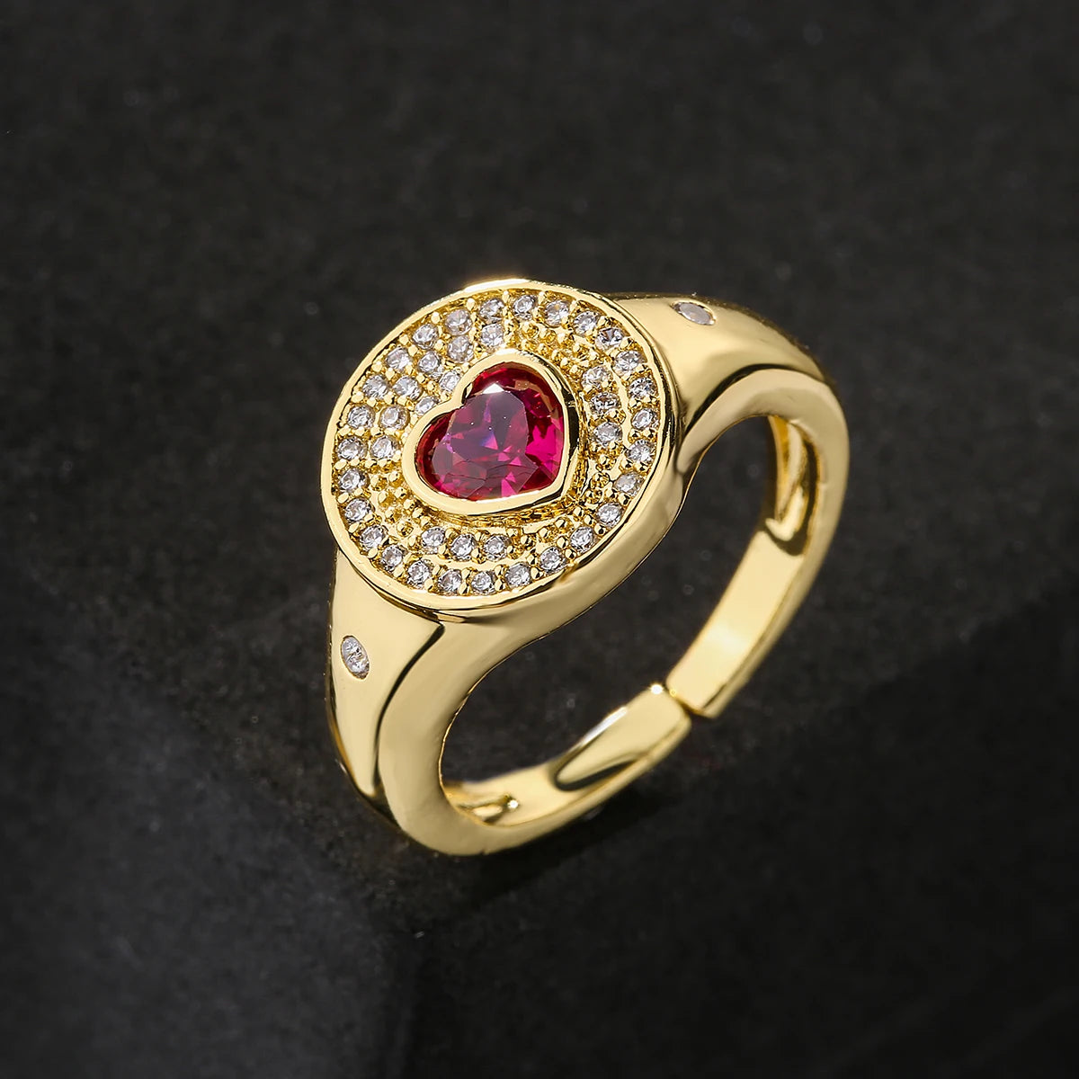 NEWBUY 2024 Heißer Verkauf Rot/Grün CZ Zirkon Herz Ringe für Frauen Verstellbar Goldfarben Kupfer Hochzeitsschmuck Femme Bijoux