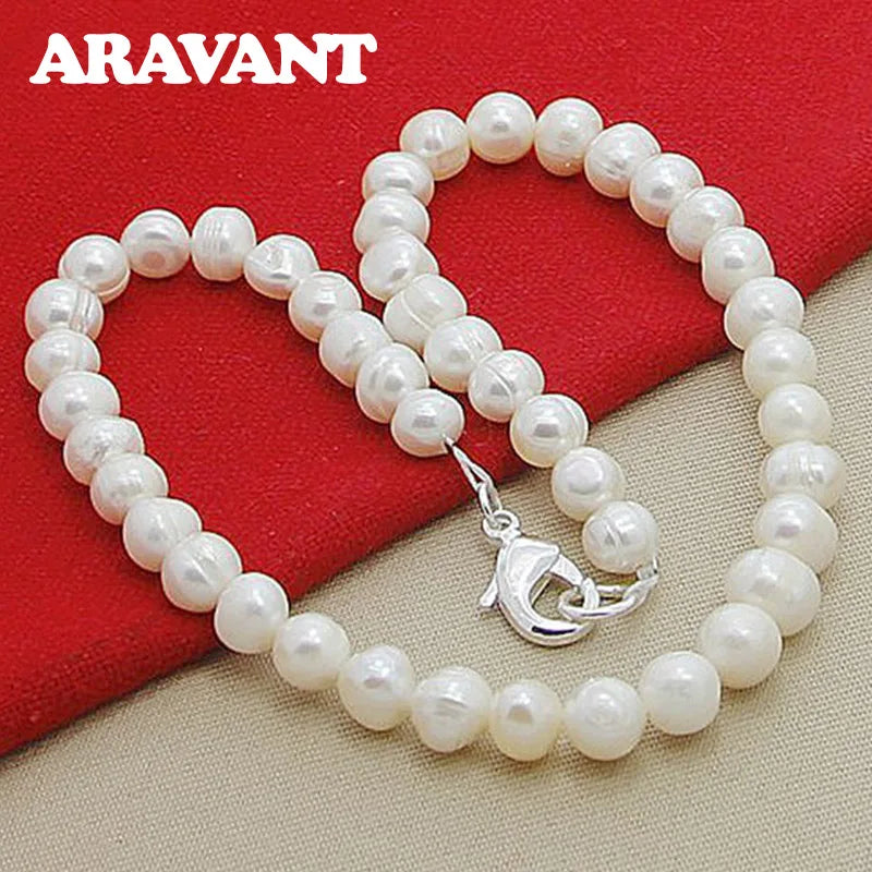 Aravant Collar de Perlas Blancas de 8 mm de Plata 925 para Mujer, Regalos de Joyería de Moda