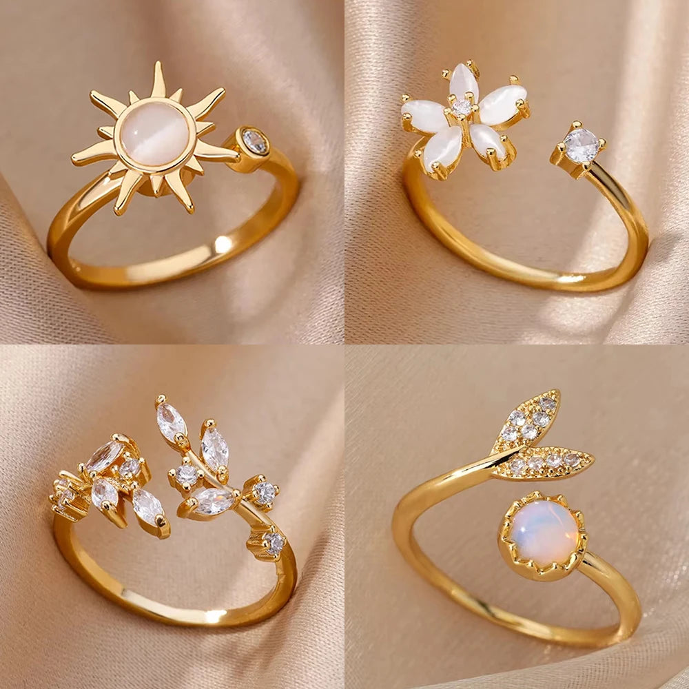 Anillos de girasol de circonita de moda para mujer, de acero inoxidable chapado en oro, anillo geométrico, joyería estética de moda para bodas y fiestas, regalos