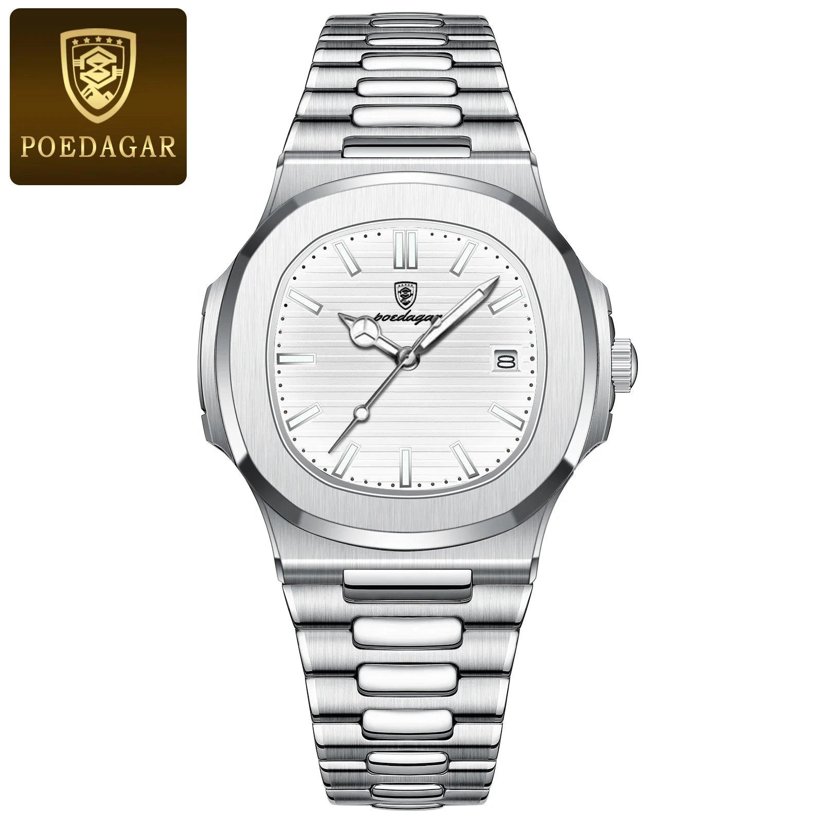 POEDAGAR Reloj de Cuarzo Cuadrado de Moda para Hombre, Impermeable, Luminoso, con Fecha, de Acero Inoxidable, Reloj de Hombre de Negocios de Lujo