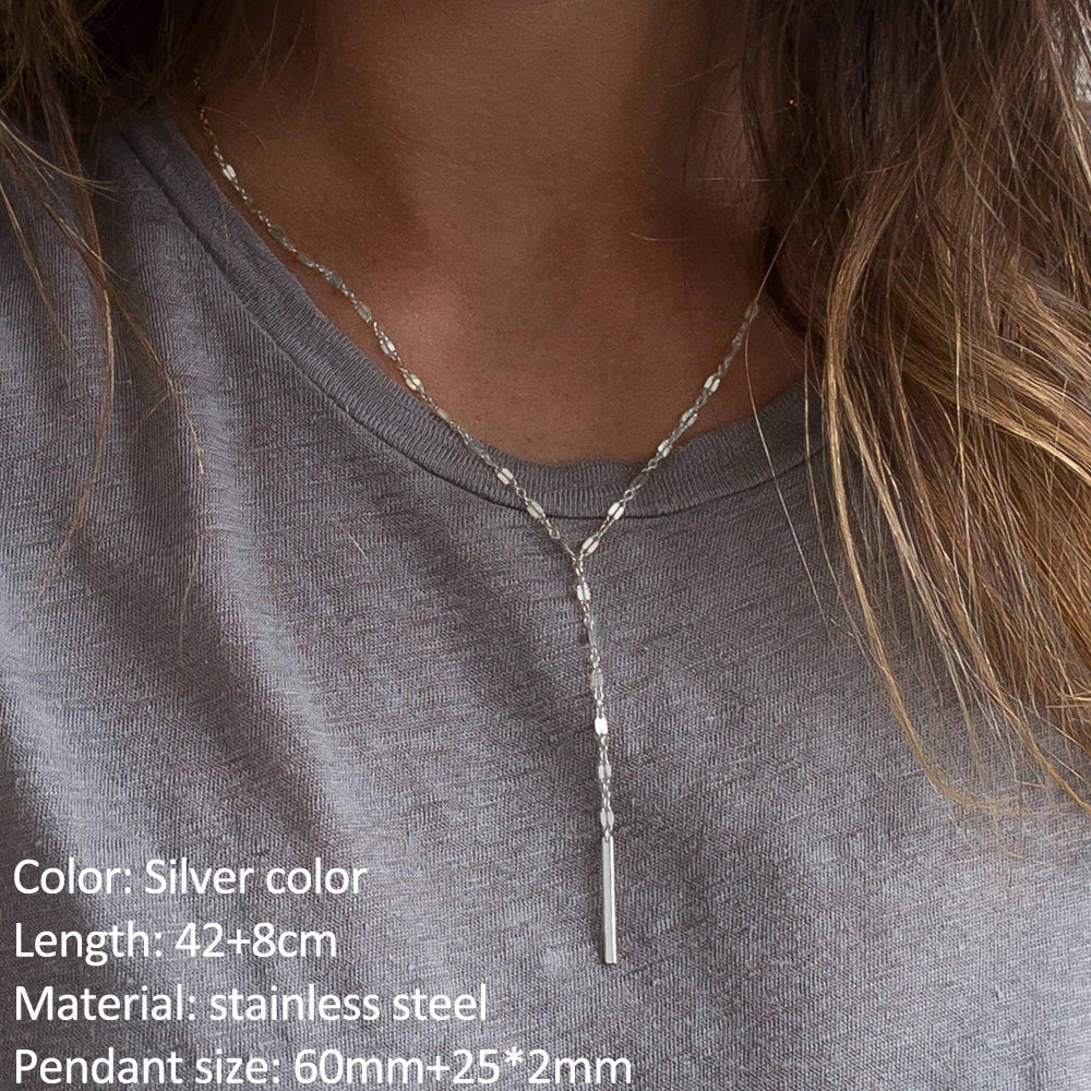 SUNIBI Vertical Bar Pendant Necklaces Stainless Steel Simple Long Lariat Chain Minimalist Dangle Necklace for Women Jewelry Gift