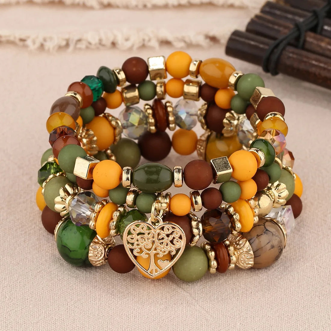 4 Stück Lebensbaum Herz Armband Set Für Frauen Acryl Glasperlen Kette Elastisches Armband Weibliche Mode Party Schmuck
