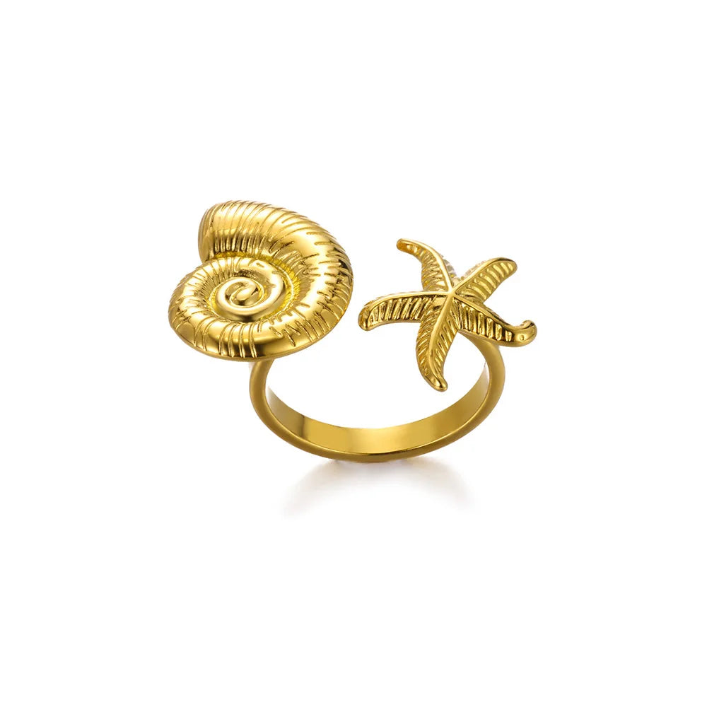 Elegante Edelstahl Big Bloom Blumenringe für Frauen Goldfarbe Sonne Seestern Offener Ring Fingerschmuck Hochzeit Ihr Geschenk Punk