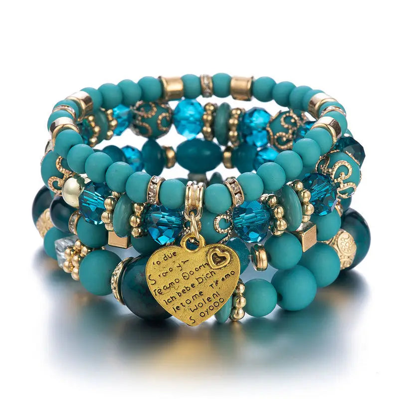 4-teiliges Set Boho Ethno Herz Perlenarmband Set für Damen Handgemachte Kristallperlenkette Armreif Weiblicher Böhmischer Schmuck Geschenk