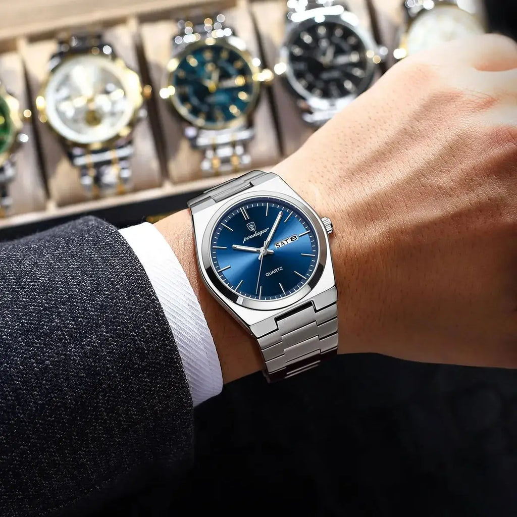 Reloj de Lujo POEDAGAR para Hombre Resistente al Agua Luminoso Fecha Semana Acero Inoxidable Relojes de Cuarzo Casuales para Hombre Reloj Masculino+caja
