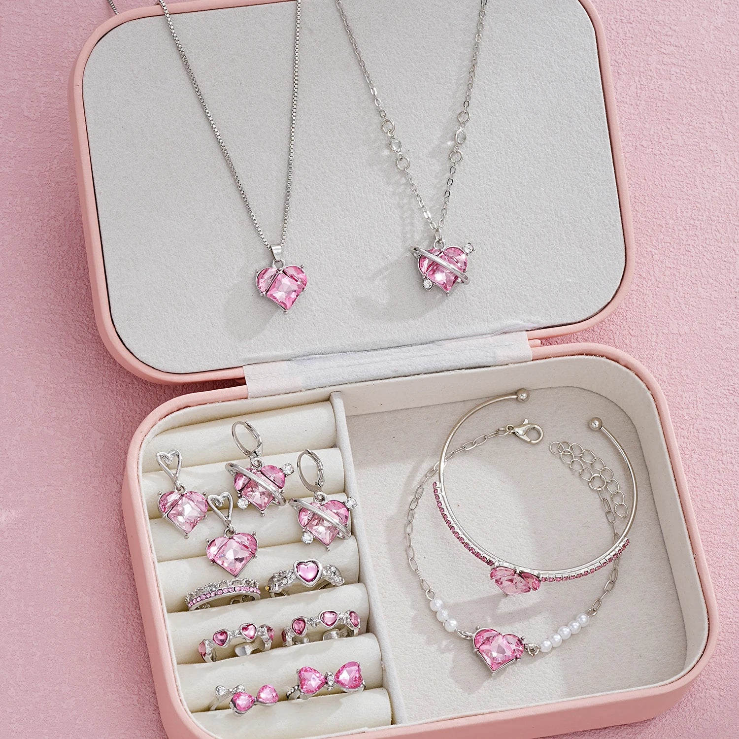 14-teiliges rosa Kristall-Herz-Anhänger-Halsketten-Ohrringe-Ring-Armband-Sets für Frauen Mädchen Mode Schmuck-Set Hochzeitsschmuck-Geschenk