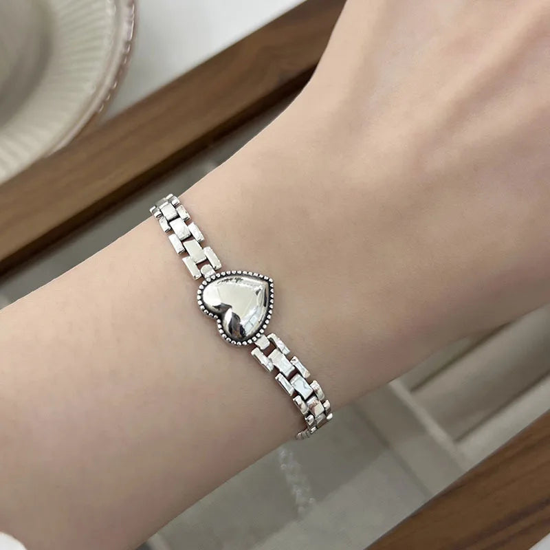 Sterling Silver plated Thai Silver Bracelet for Women Vintage Geometric Heart Love Lucky Punk Jewelry 2023 New Dropship