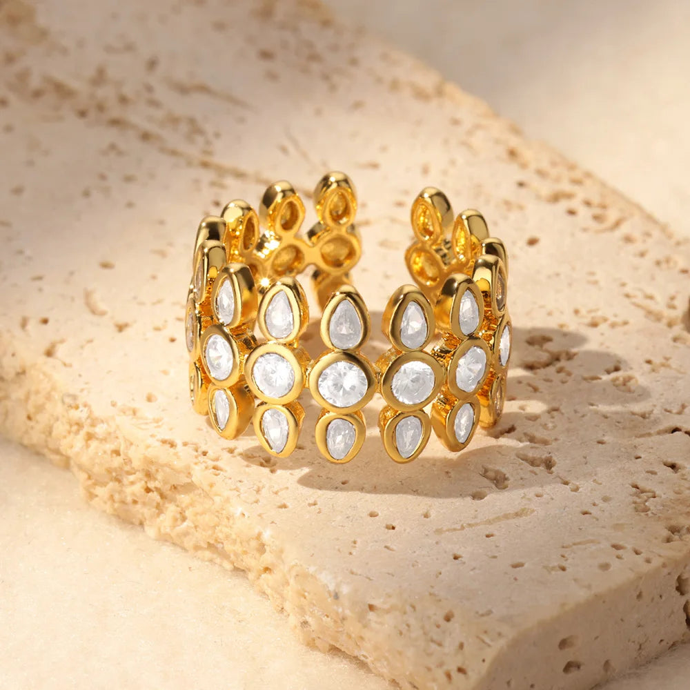 Weiße Zirkon Geometrische Edelstahlringe für Frauen Goldfarbe Verstellbarer Hochzeit Ästhetik Ring Schmuck Geschenk Zubehör
