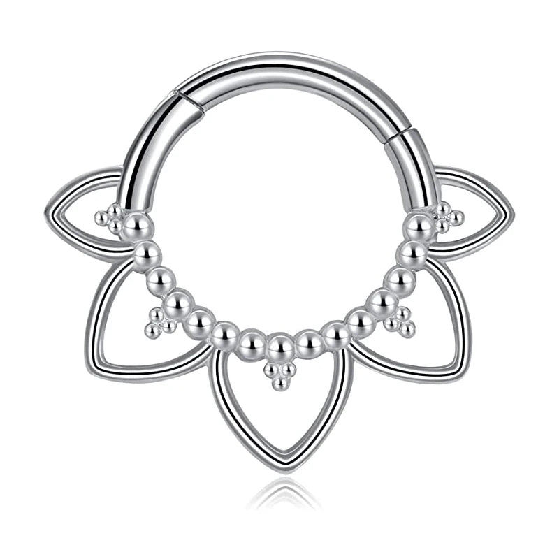 Anillo de nariz con flores, tabique, 100 % acero quirúrgico 316L, circonita, clicker, perforación Daith, cartílago de oreja, aro Helix, flores, gotas de agua