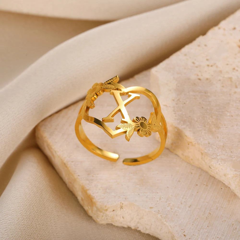 Edelstahl Initialen Buchstaben Herzringe für Frauen Mädchen Goldfarben Blumen Alphabet Ring Mode Valentinstags Schmuck Geschenk