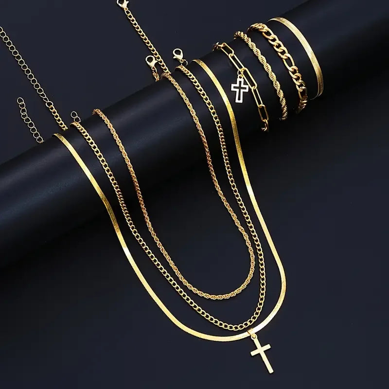 7-teiliges elegantes minimalistisches Kreuzanhänger-Schmuckset aus Edelstahl für Herren – Halskette und Armband für den Alltag