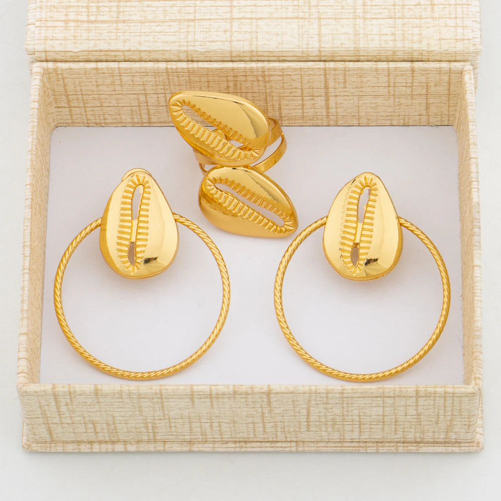 Ohrringe mit Ring Schmuckset für Afrikanische 18k Goldfarbe Clip Ohrringe Fingerring 2tlg. Set mit Geschenkbox Luxus Schmuck Braut