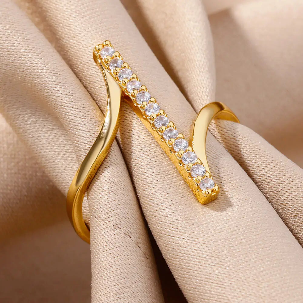 Zirkon Geometrische Ringe für Frauen Goldfarben Edelstahl Öffnungsring Luxus Hochzeitsfeier Ästhetischer Schmuck Geschenk Femme 2024