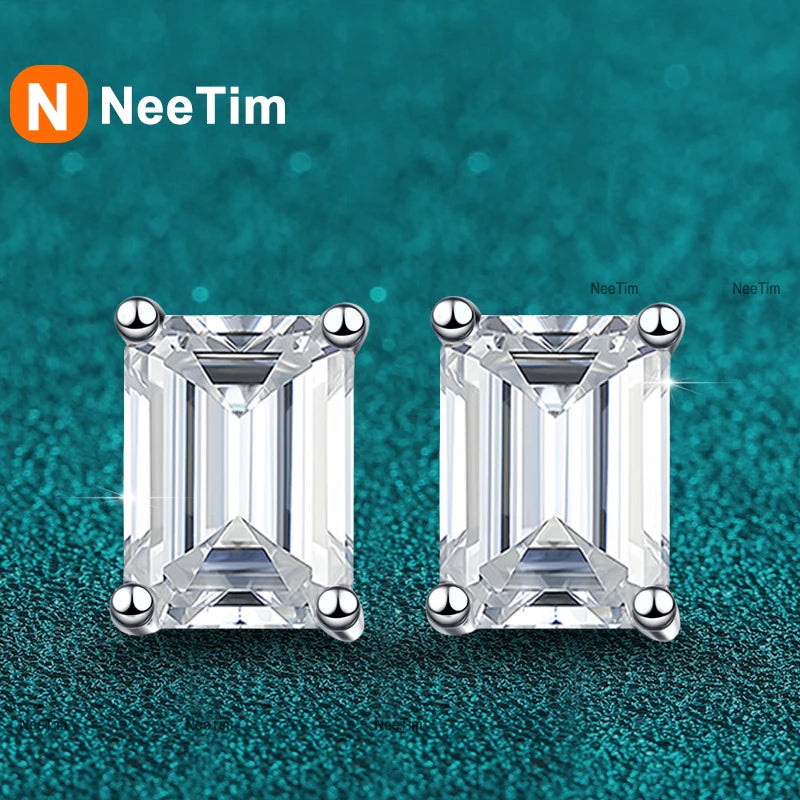 NeeTim 0.5CT 1CT 2CT Smaragd Radiant Schliff Moissanit Ohrstecker für Damen Laborgezüchteter Diamant 925 Sterlingsilber Ohrring Schmuck
