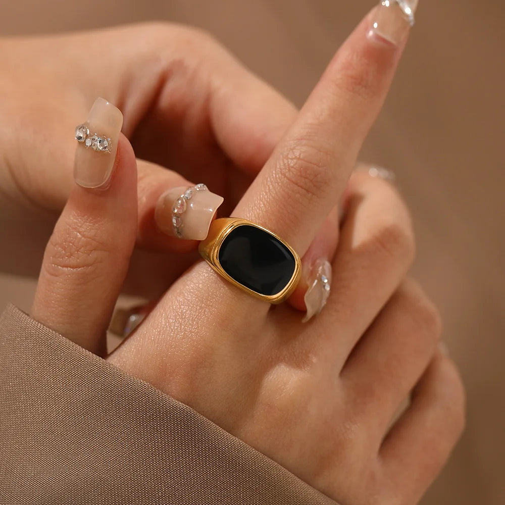 SUNIBI Anillo Cuadrado Vintage de Concha para Mujer, de Acero Inoxidable Color Oro Blanco, Anillo Grueso Grande, Accesorios de Joyería para Fiesta, Regalo de Cena