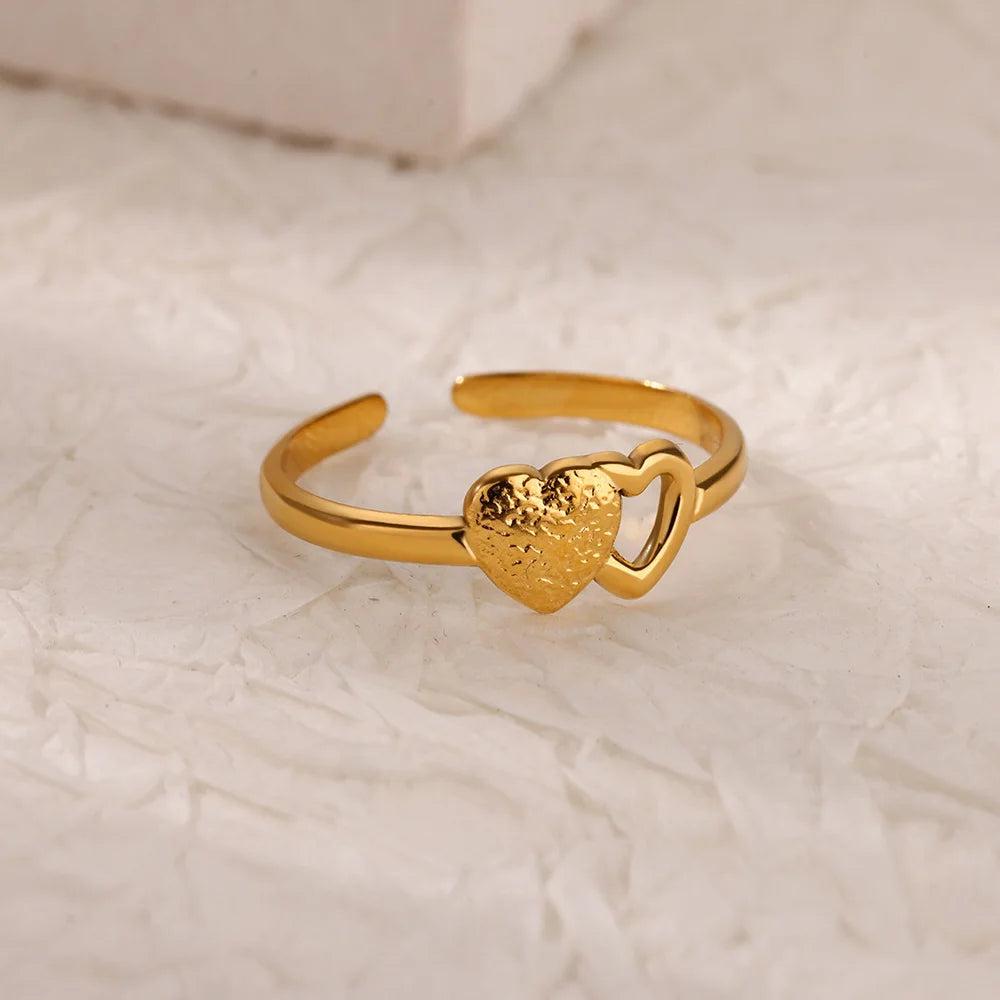 Anillos de doble corazón para mujer, color dorado, acero inoxidable, anillo abierto ajustable, joyería estética de moda para fiesta o boda, regalo