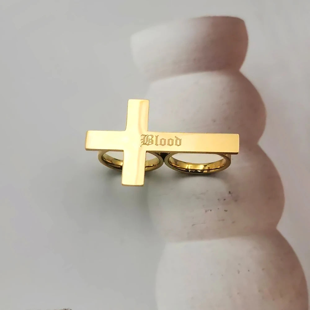 Kreuzring Zwei-Finger-Ring Gravur Name Silber Edelstahlring Herren Knöchelschmuck Personalisiertes Geschenk für Freund