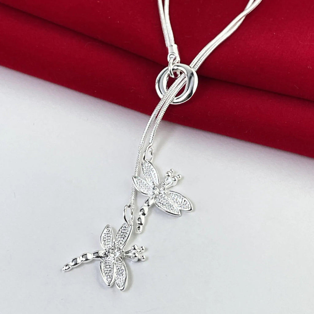 Collar con colgante de dos libélulas de plata de ley 925 para mujer, collar con cadena de serpiente, joyería para boda y compromiso