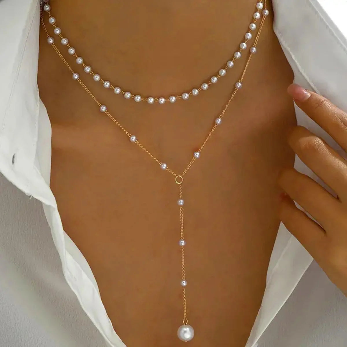 Gargantilla coreana de moda con perlas de imitación, doble capa, colgante de cuentas de bola grande, collar con borlas, joyería corporal sexy para mujer
