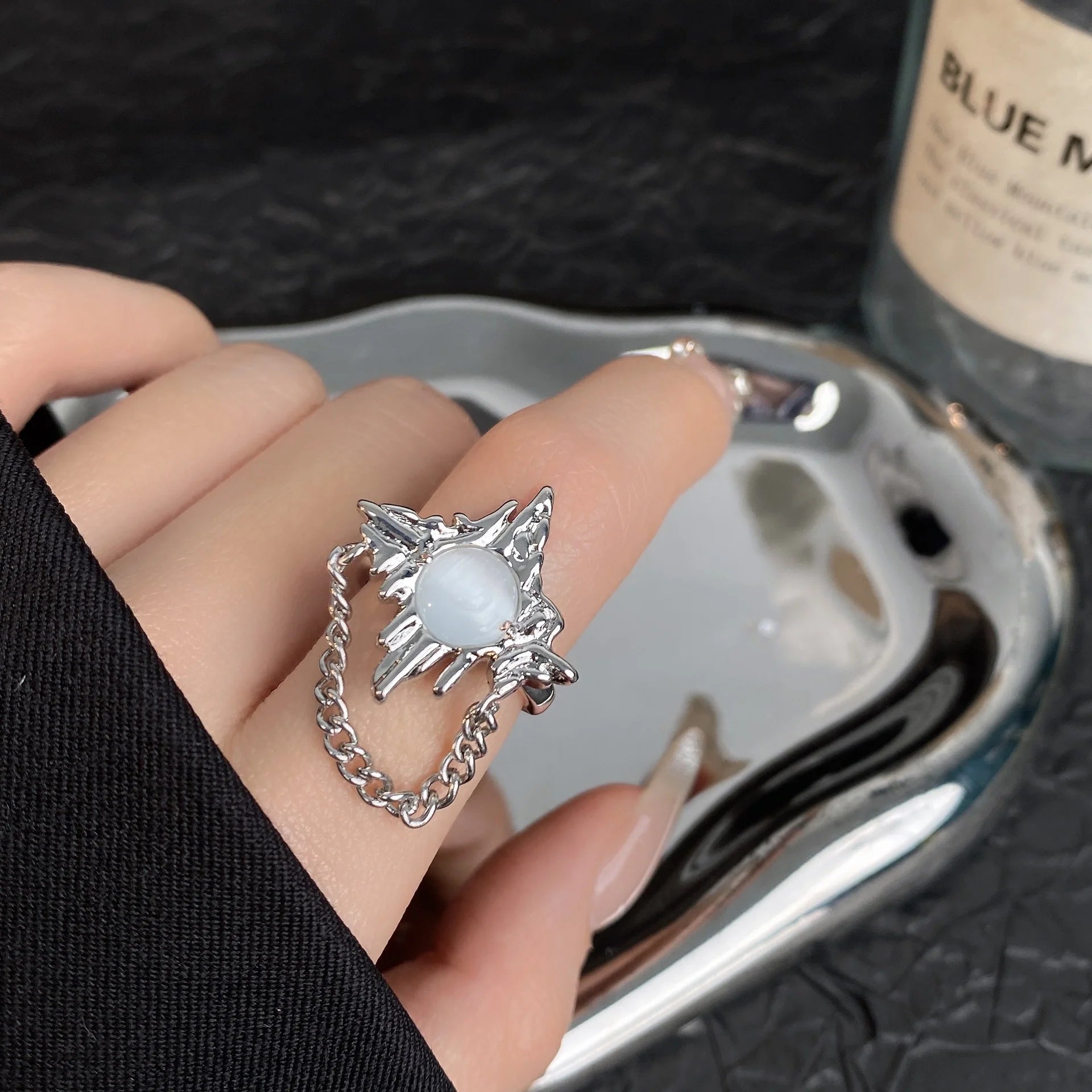 Vintage unregelmäßiger Perlen-Offener Ring für Frauen Männer Punk Gothic Silberfarbe Kristall Verstellbare Paarringe Y2K Egirl Schmuck Geschenke