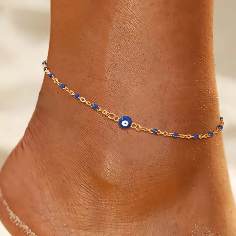 Edelstahl Glücksbringer Böses Auge Fußkettchen Armband für Frauen, blaues Auge Perlenkette Fußkettchen Sommer Strand Glücksbringer Amulett Geschenk