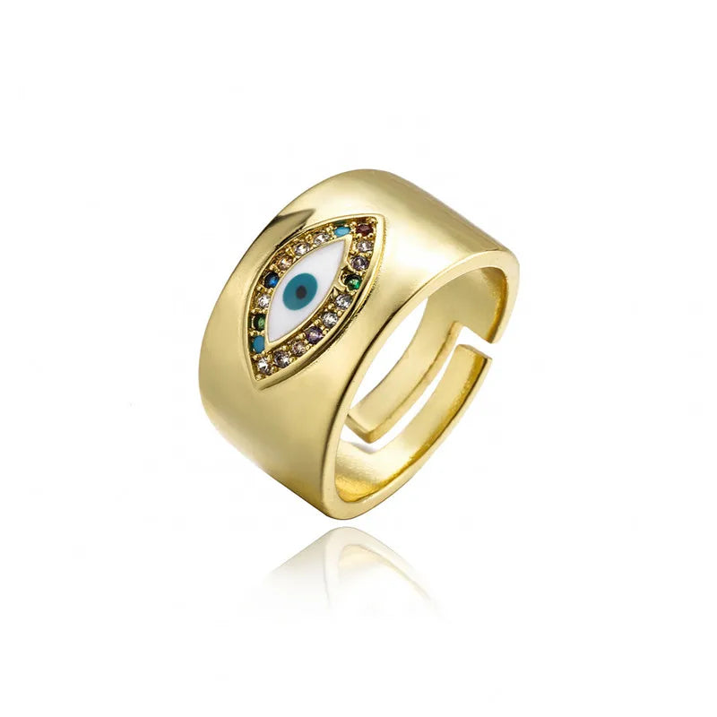 NEWBUY 2024 Mode Goldfarbe Kupfer Hochzeitsschmuck AAA CZ Böses Auge Design Offener Ring Für Frauen Mädchen Verlobungsgeschenk