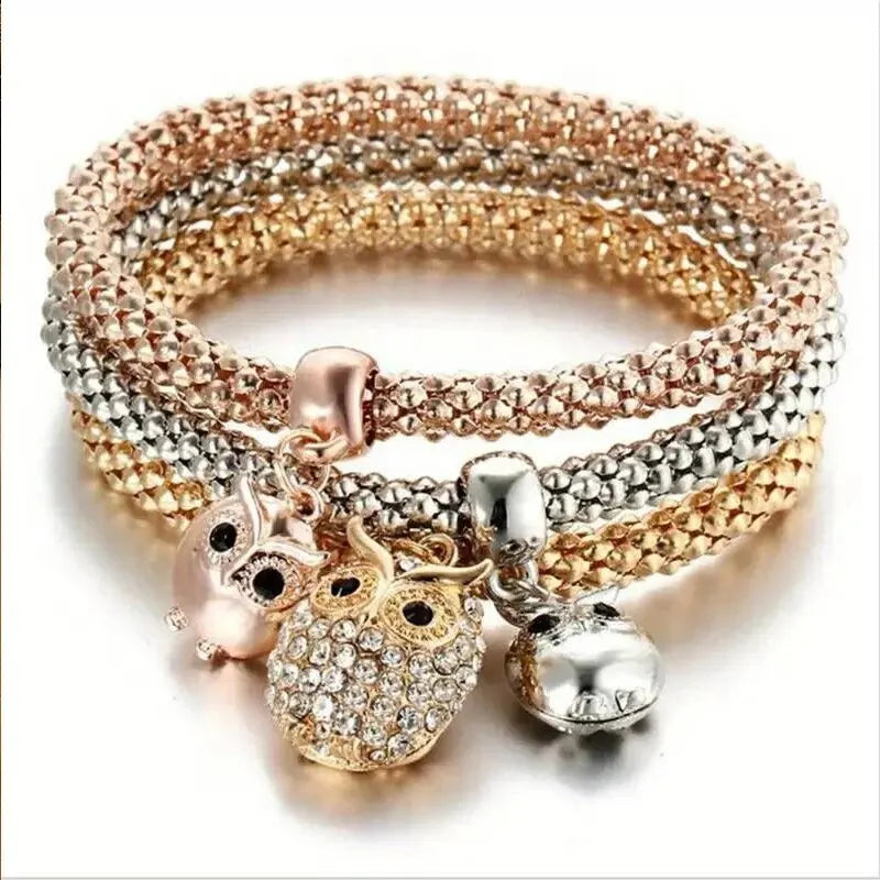 3er-Set Herz-Schloss-Schlüssel Musikzeichen Charme Armband Eule Roségold Beschichtung Silberfarbe Kette Eule Charm Armreif Schmuckset