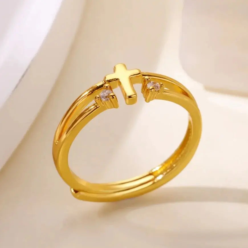 Zirkon Kreuzringe für Damen Goldfarbe Edelstahl Kristall Kreuz Verstellbarer Ring Religiöser Hochzeits-Weihnachtsschmuck Geschenk