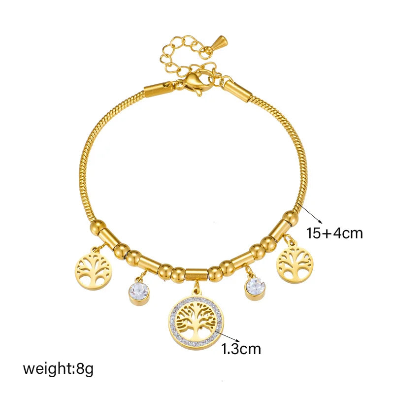 Armband aus 316L-Edelstahl in elegantem Goldfarbton mit Lebensbaum-Anhänger und glänzendem Zirkonia für Damen im Alltag