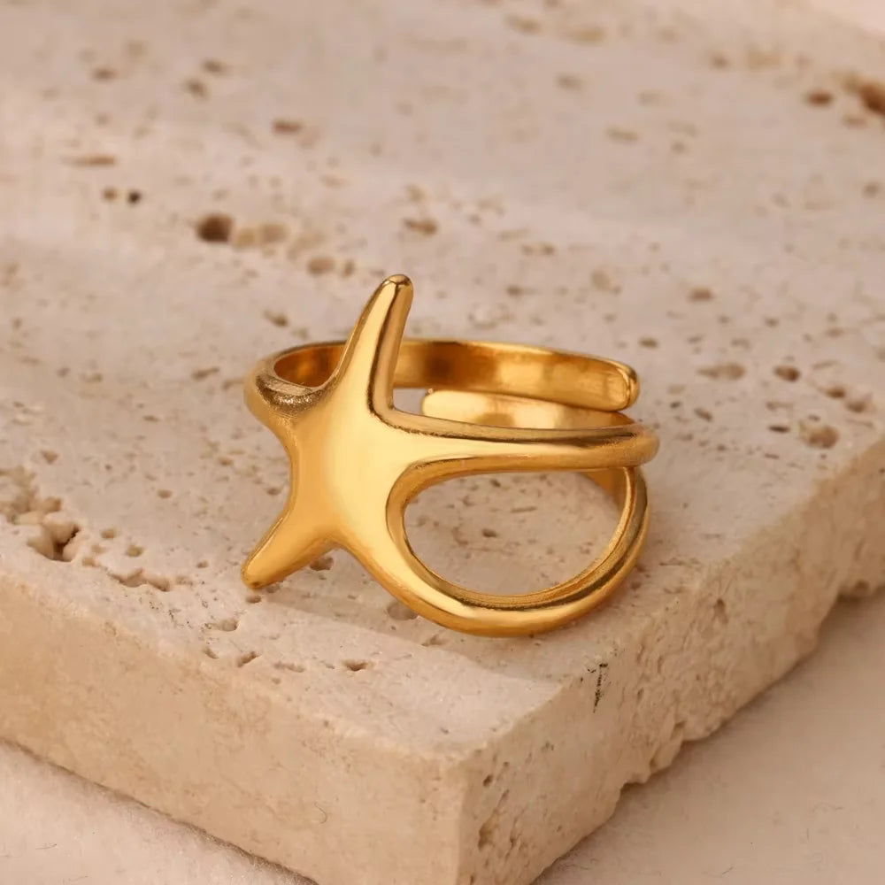 Elegante Edelstahl Big Bloom Blumenringe für Frauen Goldfarbe Sonne Seestern Offener Ring Fingerschmuck Hochzeit Ihr Geschenk Punk