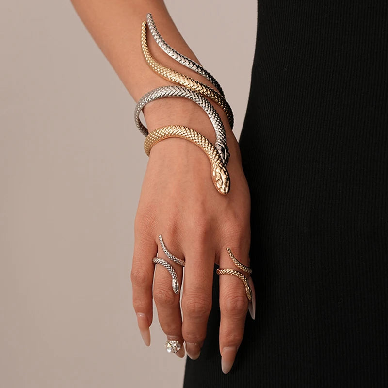 2025 New Arrival Snake Shaped Cuff Bracelet Ring Set for Women Exaggerated Metal Unique Design Bracelet Fashion Jewelry Set