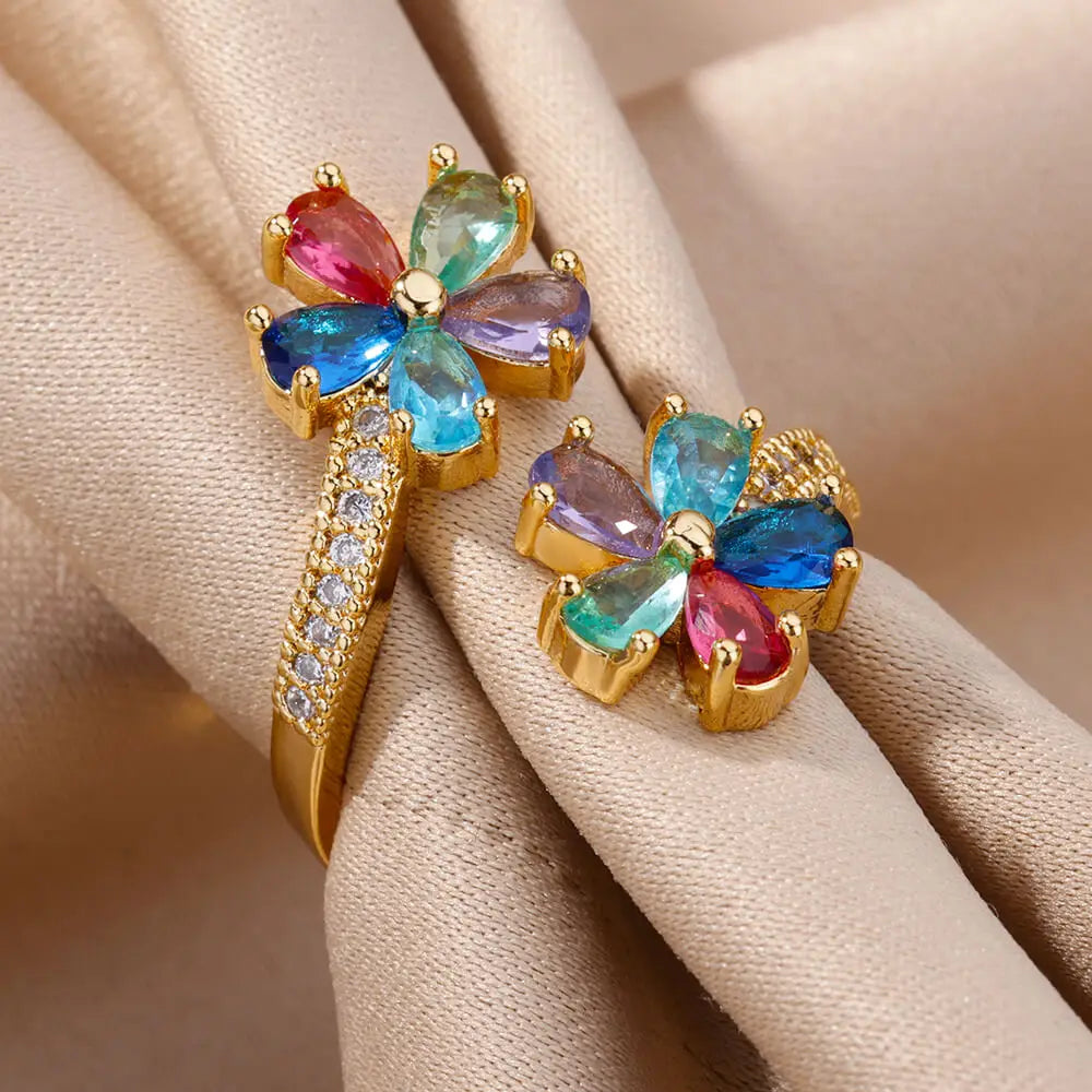 Bunte Zirkon-Doppelblumenringe für Damen, vergoldeter Edelstahl, Blumenöffnungsring, Hochzeit, ästhetischer Schmuck, Geschenk 2023