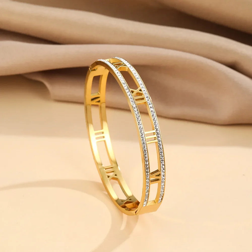 Luxus Kristall Hohl Römische Ziffer Armbänder für Frauen Männer Edelstahl Unisex Armreif Mode Klassischer Schmuck Accessoires