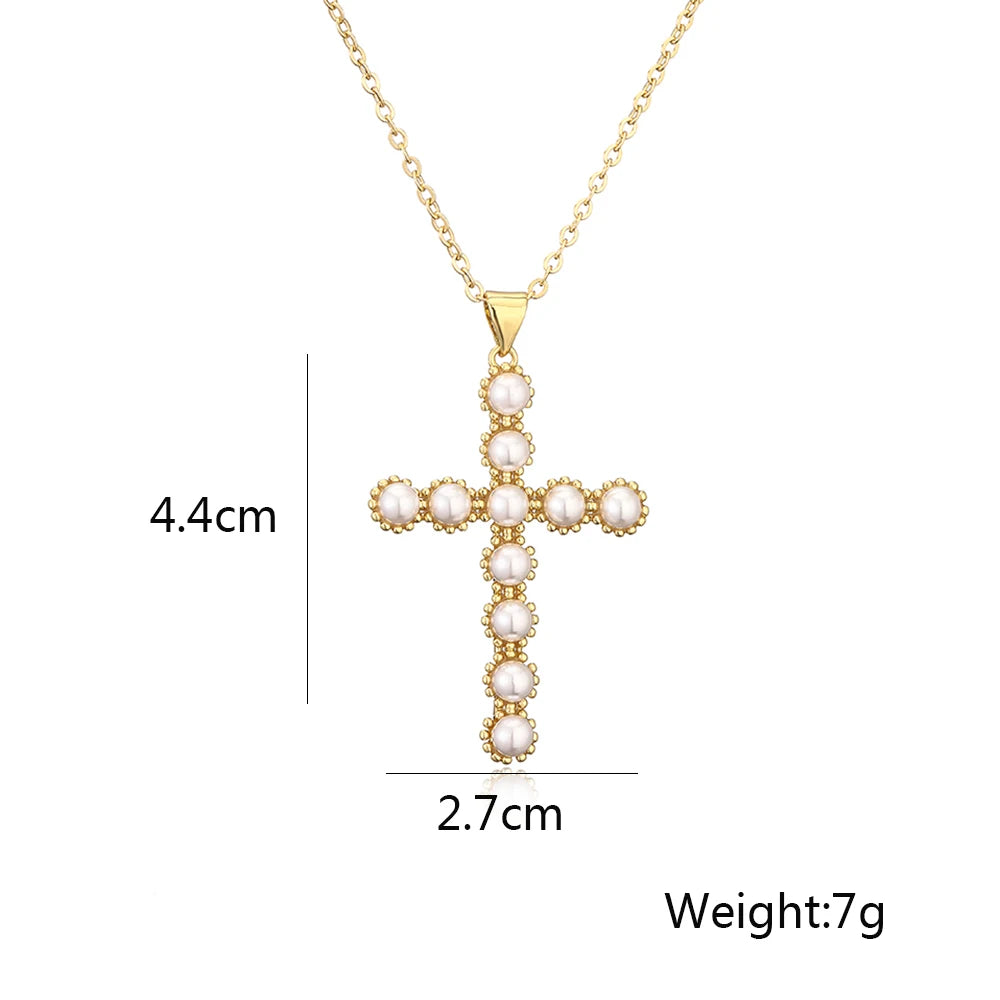NEWBUY Classic Design Cross Pendant Gold Color 316L Stainless Steel Chain Necklace For Women Luxury Pearl Jewelry