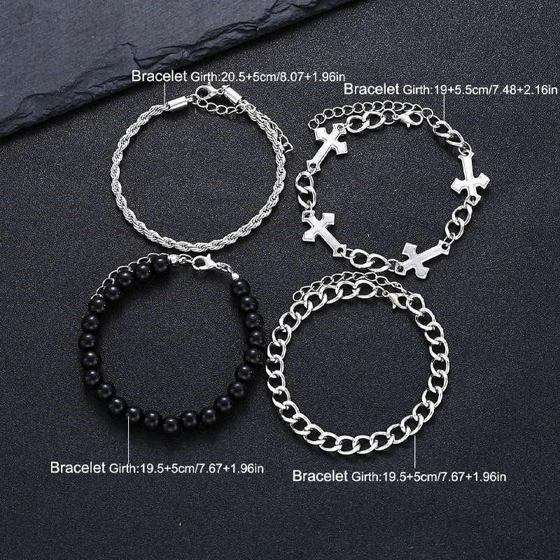 4 Stück Edelstahl Armband Set Für Männer Frauen Punk Mode Kreuz Perlen Kettenarmbänder Einfache Hip Hop Unisex Schmuck Geschenk Neu