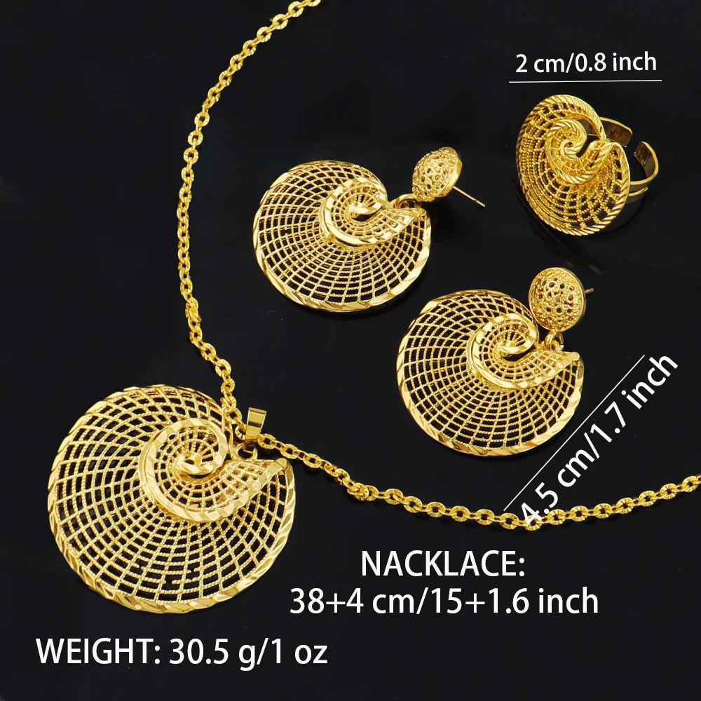 Afrikanisches Goldfarbenes Damen-Halsketten- und Ohrringe-Set im Trend Dubai Blumen-Hohl-Schmuckset Geschenk für Party, Hochzeit, Alltag