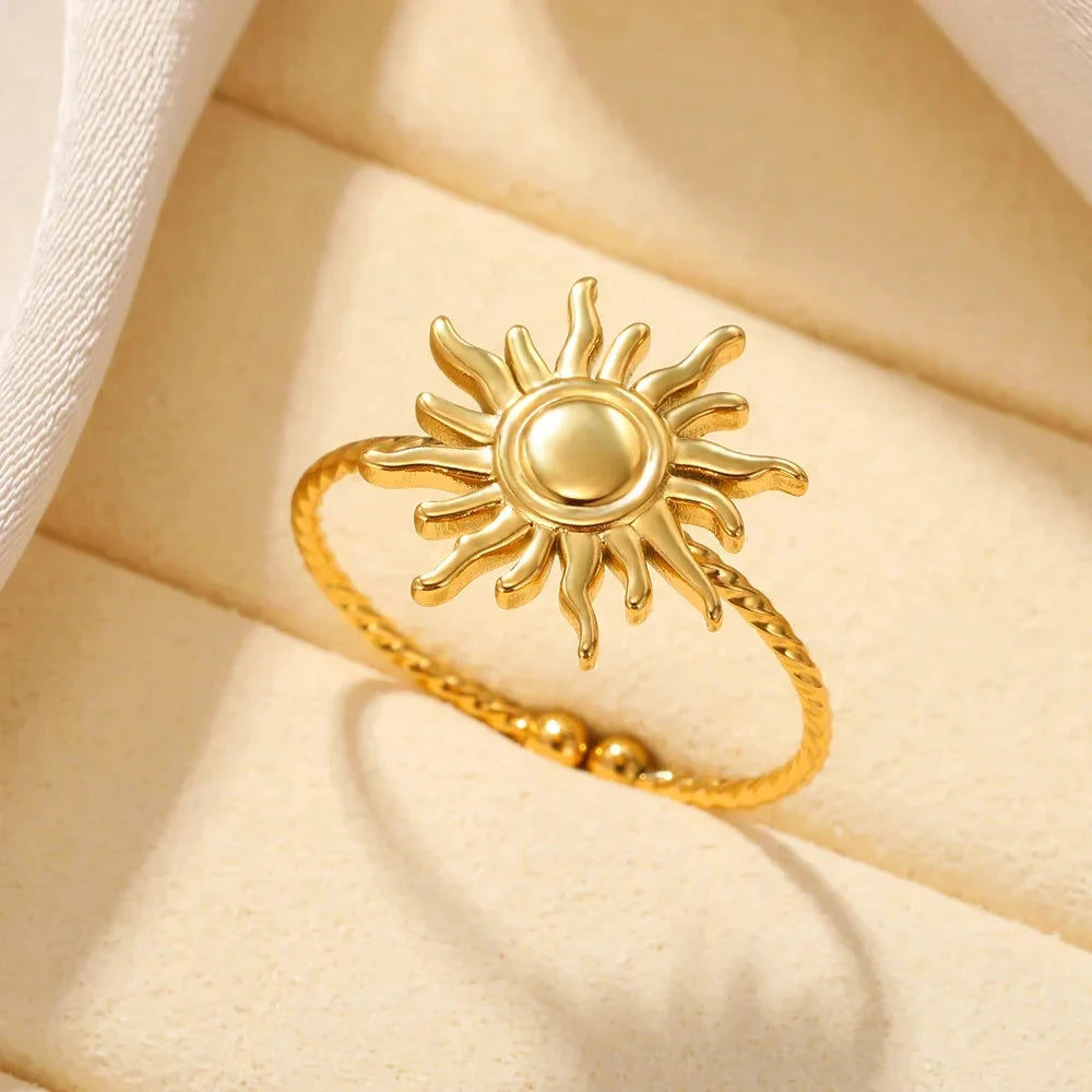 Edelstahl Sonnenringe für Frauen Goldfarbe Sonne Schmetterling Finger Verstellbarer Ring Ästhetischer Mode Hochzeitsschmuck Geschenk