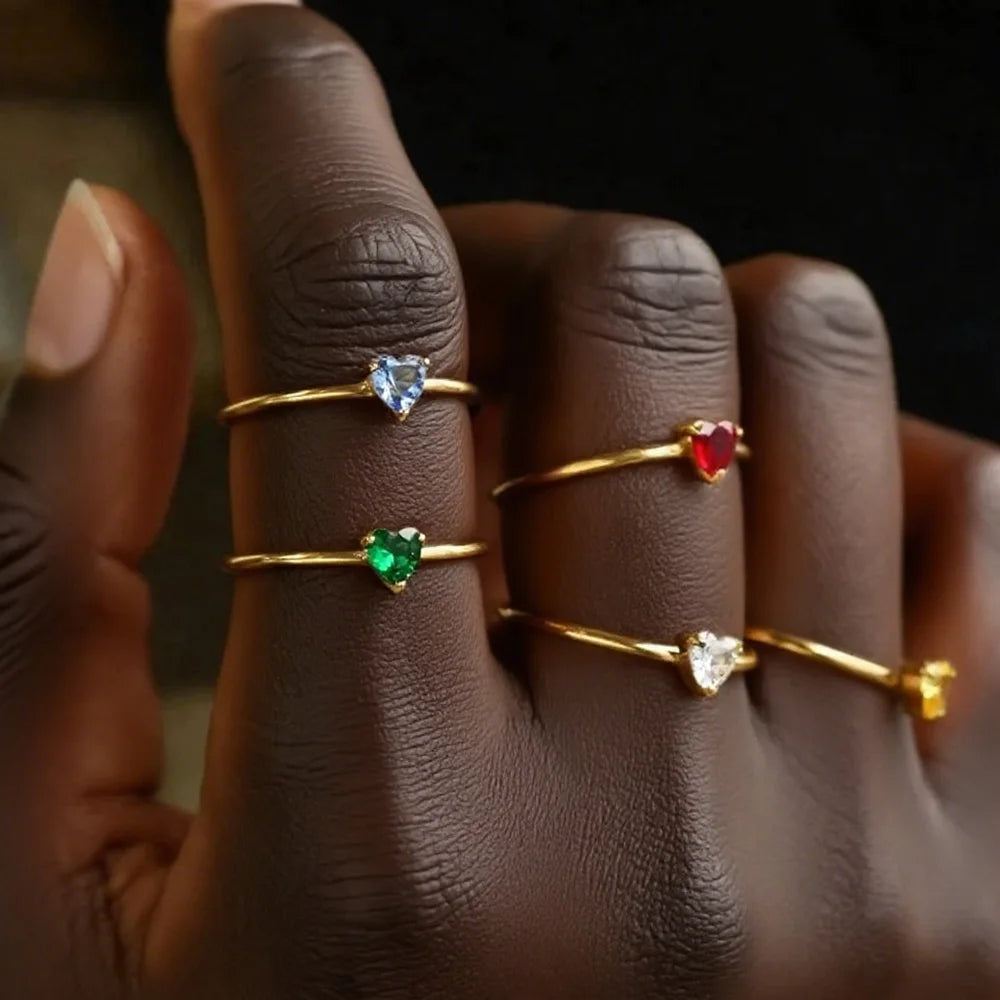 Mode Zirkon Herz Geburtssteinringe für Damen Edelstahl Goldfarbe Geburtssteinring Ästhetischer Hochzeitsschmuck Geschenk