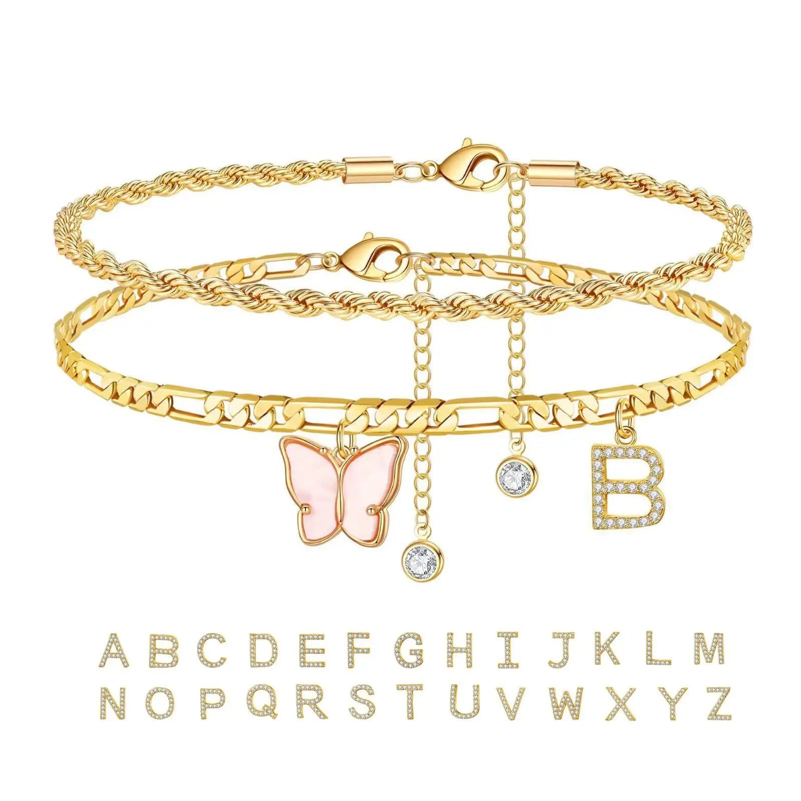 2 Stück Edelstahl Anfangs-Fußkettchen-Set für Frauen, 26 Buchstaben Acryl Schmetterling Charm Kette am Fuß Sommer Fußkettchen Schmuck