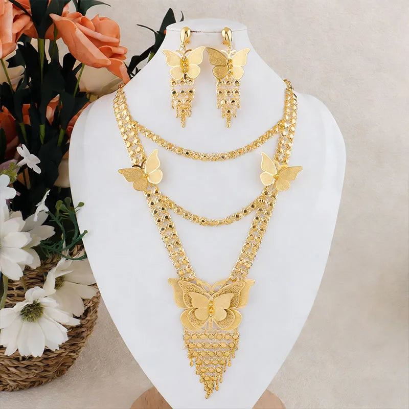 Neues indisches Goldfarbenes langes Halsketten-Set Nigerianische Party Braut Hochzeit Luxus Dubai Ohrringe Schmuck Damen Valentinstagsgeschenk