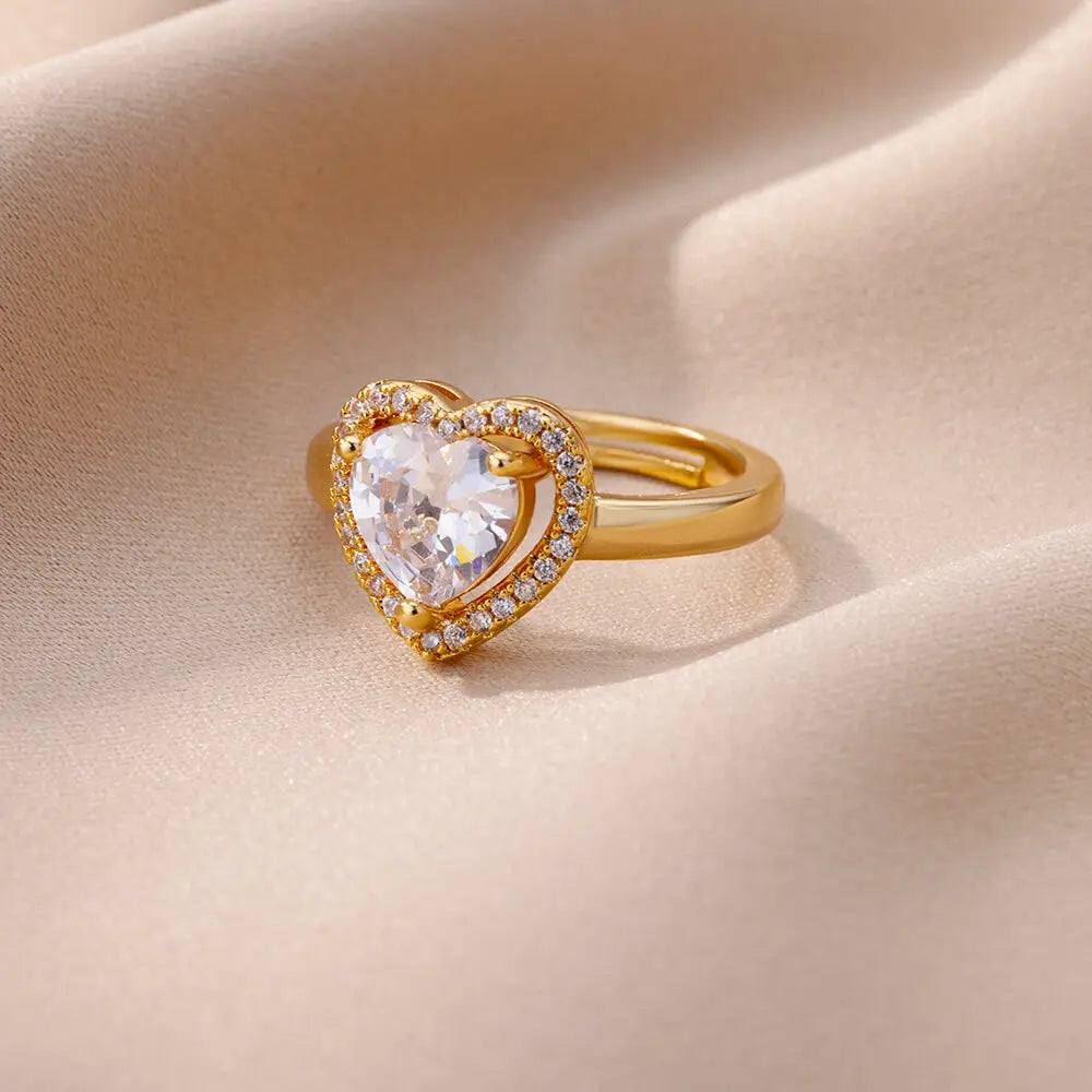 Edelstahl Herzringe für Frauen Zirkon Goldfarbe Herz Verstellbarer Ring Weiblich Hochzeit Party Accessoires Schmuck Geschenk 2024