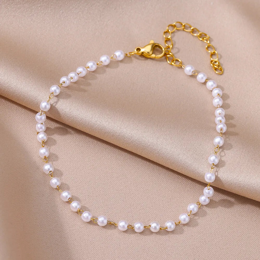 Edelstahl-Imitationsperlen-Fußkettchen für Damen, goldfarbene Kette, Knöchel-Armband, Fußkettchen, Sommer-Strandschmuck-Accessoires, Geschenk