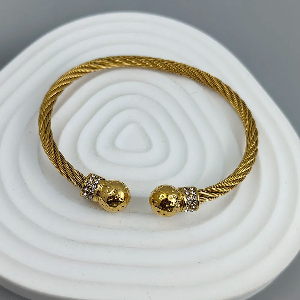 Gedrehtes Doppelkugel Zirkonia Edelstahl vergoldet 18K Armband, hochwertige wasserdichte Silber Schmuck, Paargeschenk
