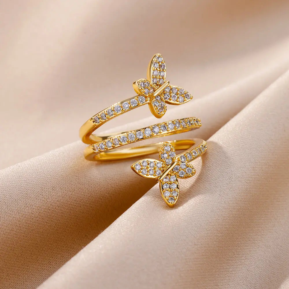 Zirkon-Doppelschmetterling-Ringe für Frauen, Edelstahl, goldfarben, offener mehrschichtiger Ring, Mode, Hochzeitsparty-Schmuck, Neu 2024