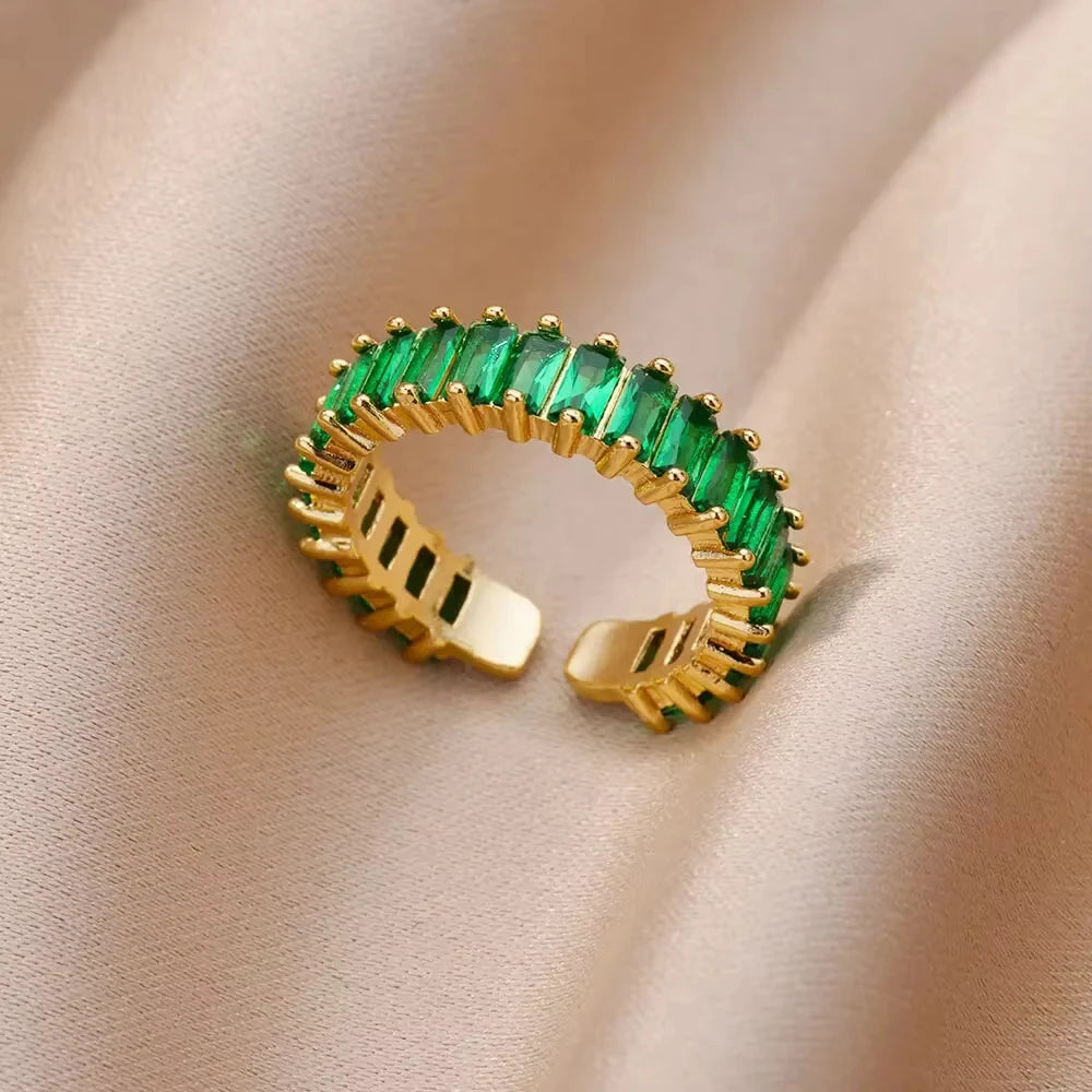 Grüne Zirkonia Herzringe für Damen, Vintage Goldfarben, Edelstahl, offener Ring, modischer ästhetischer Schmuck, Hochzeitsgeschenk