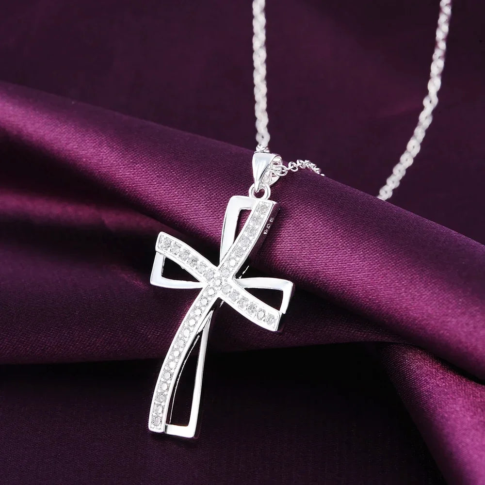 Promociones Collar de 45cm de plata de ley 925 con dije para mujer, colgante de cruz de cristal, cadena de joyería, moda, lindo, fiesta de boda