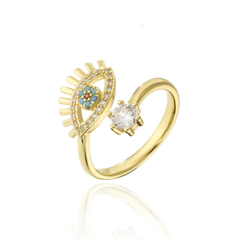 NEWBUY 2024 Mode Goldfarbe Kupfer Hochzeitsschmuck AAA CZ Böses Auge Design Offener Ring Für Frauen Mädchen Verlobungsgeschenk