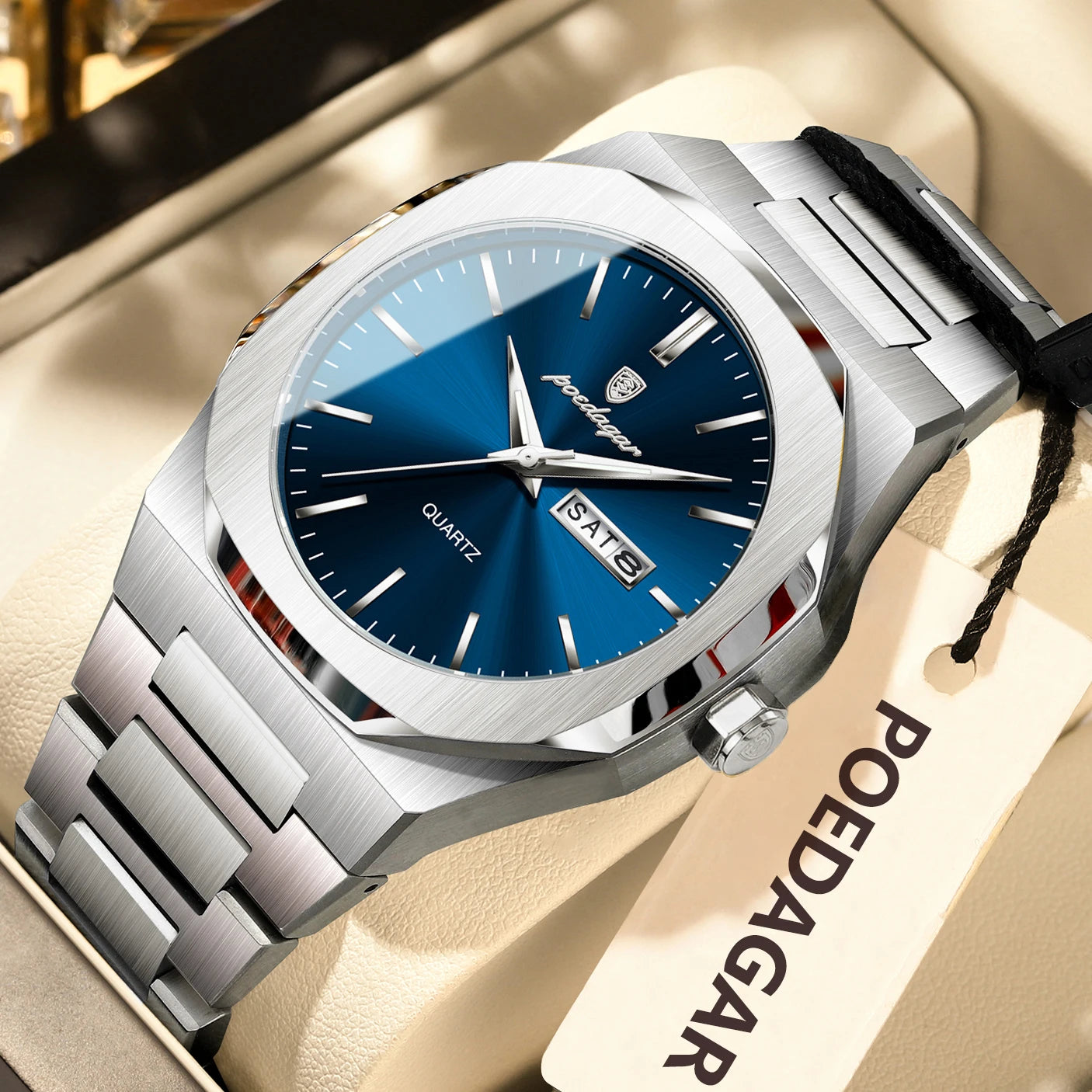 Reloj de hombre de marca de moda POEDAGAR, impermeable, luminoso, de acero inoxidable, para hombres, fecha, semana, informal, de cuarzo, Reloj de hombre