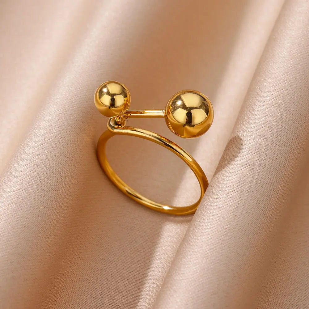 Edelstahl glatt doppelte Kugelperlenringe für Frauen Vintage Opal Natursteinring Mode Goldfarbe Ästhetischer Schmuck